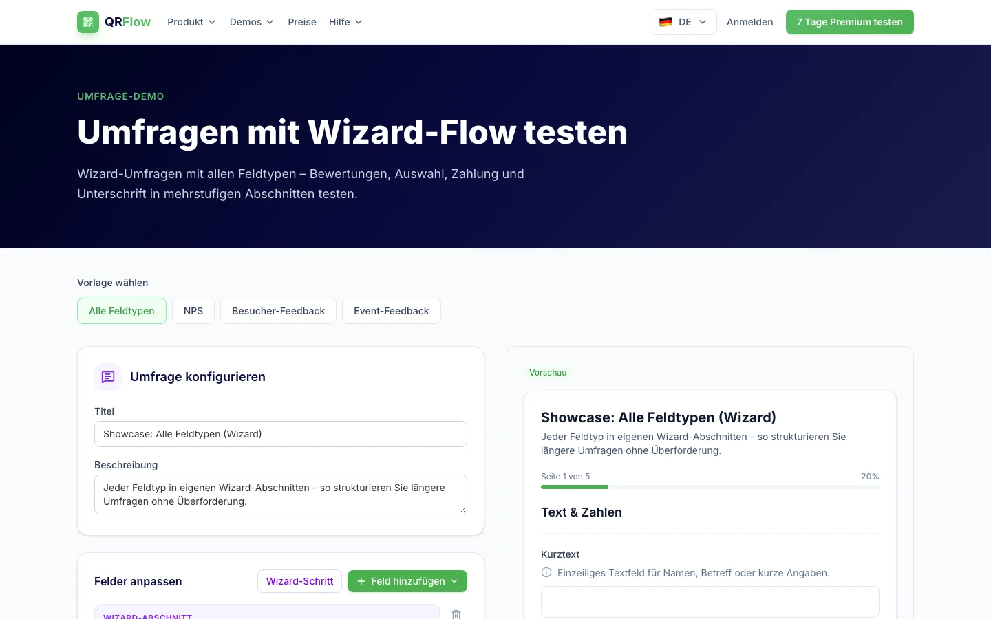 QRFlow survey demo with wizard preview